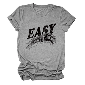 Close-up of vintage EASY text and tiger print on grey marl cotton T-shirt fabric