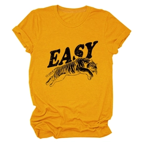 Detail of soft cotton texture on yellow t-shirt with tiger and Easy letter print