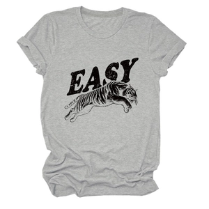 Detail of grey crew neck T-shirt featuring black EASY text and jumping tiger sketch print
