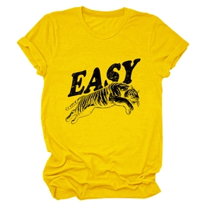 Close-up of yellow round neck cotton t-shirt featuring a black leaping tiger and EASY print