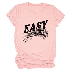 Detailed flat lay of pink t-shirt featuring tiger graphic and black easy letter print