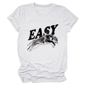 Close-up of vintage tiger print and EASY typography on white cotton crew neck t-shirt