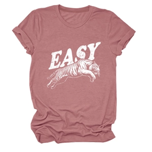 Detailed view of white tiger print and EASY lettering on pink crew neck cotton t-shirt