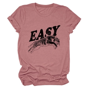 Detail of dusty rose T-shirt featuring a vintage EASY print and jumping tiger graphic