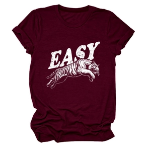 Detail of burgundy cotton T-shirt featuring white Easy text and jumping tiger graphic
