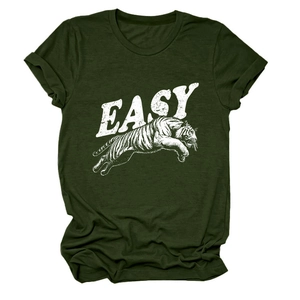Detailed close-up of tiger print and EASY lettering on olive green cotton T-shirt