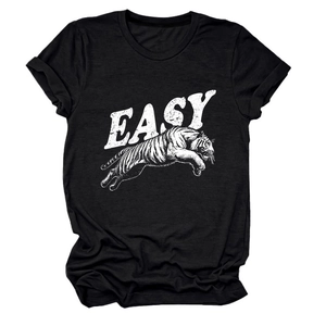 Close-up of vintage white tiger print and EASY lettering on a black cotton crew neck T-shirt
