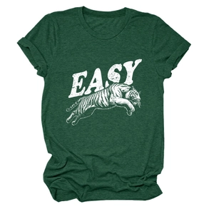 Close-up of the vintage jumping tiger print and white EASY lettering on the green tee