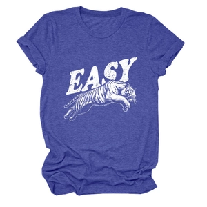 Detail of artistic white tiger print and EASY lettering on blue cotton T-shirt