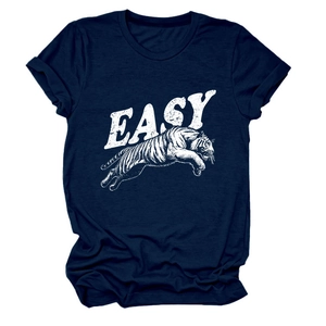 Detail of tiger and EASY text print on dark blue cotton crewneck t-shirt fabric