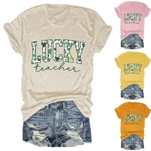 Women Lucky Teacher T-Shirt St Patrick Day Shamrock Clover Print Cotton Blend Short Sleeve Round Neck Casual Loose Top