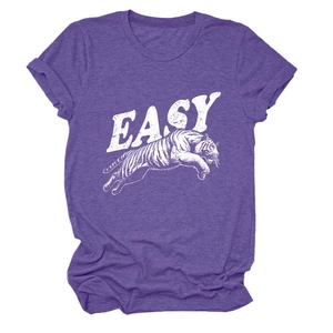 Detail of purple crewneck T-shirt with white EASY text and tiger print texture