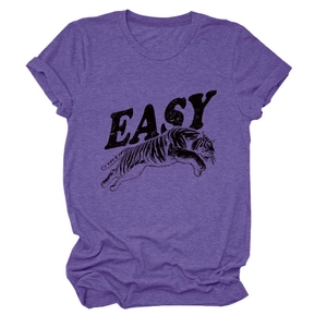 Detail of purple cotton T-shirt featuring artistic tiger print and EASY typography