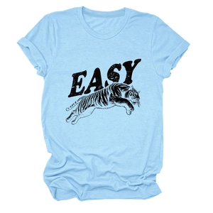 Detail of light blue cotton T-shirt featuring artistic EASY text and a jumping tiger print