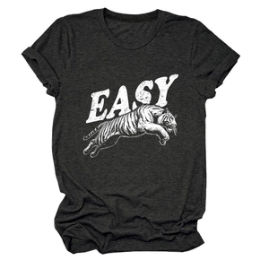 Charcoal grey t-shirt with retro white Easy typography and jumping tiger graphic print
