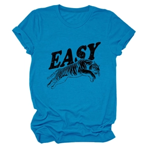 Detailed view of blue cotton T-shirt featuring vintage tiger print and Easy text graphic