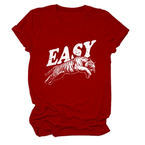 Detail of red cotton T-shirt featuring white leaping tiger print and EASY typography