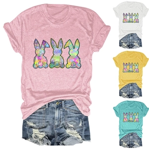 Close-up of colorful bunny silhouette prints on pink short-sleeve crewneck T-shirt