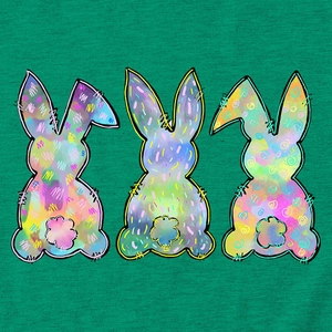 Detail of colorful pop art bunny prints on the green crew neck cotton t-shirt fabric