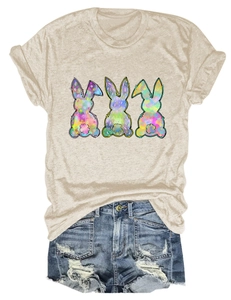 Detail of cute colorful three-rabbit print on oatmeal crewneck short sleeve T-shirt