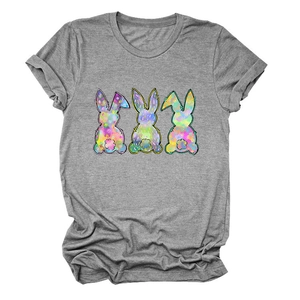 Detailed shot of grey cotton T-shirt featuring three colorful artistic bunny prints