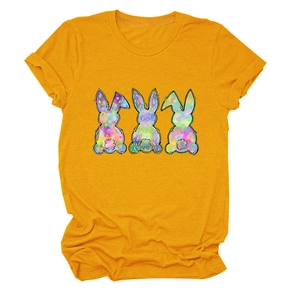 Detail of vibrant yellow T-shirt showing cute colorful graffiti rabbit print and crew neck