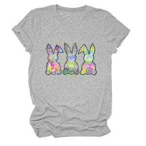Detail of grey cotton T-shirt featuring three colorful artistic rabbit prints on front