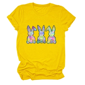 Close-up of three colorful graffiti bunnies printed on a yellow cotton casual t-shirt