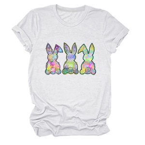 Close-up of colorful artistic bunny prints on white cotton short sleeve T-shirt
