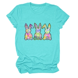 Close-up of three colorful hand-drawn artistic rabbits printed on a turquoise cotton T-shirt