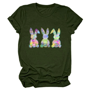 Detail view of cotton blend t-shirt with three colorful bunny graphics in dark green