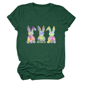 Detailed fabric texture of heather green T-shirt with artistic three-rabbit print
