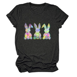 Detail of three colorful artistic rabbits print on charcoal grey cotton t-shirt
