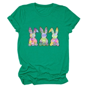 Detail of three colorful bunny graphics on bright green crew neck cotton t-shirt