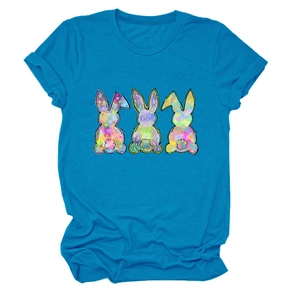 Detail of blue T-shirt crew neck and rolled sleeves with three cute bunny prints