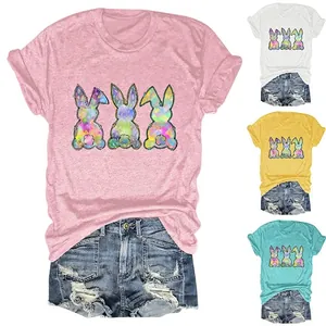 Women Cotton Blend T-Shirt Colorful Rabbit Graphic Print Round Neck Short Sleeve Casual Cute Fashion Easter Top
