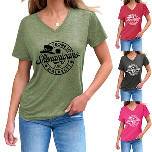 Detail of V-neck women's slim fit T-shirt showing multiple color options and retro print
