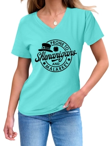 Detail of teal V-neck t-shirt featuring black Prone to Shenanigans clover graphic print