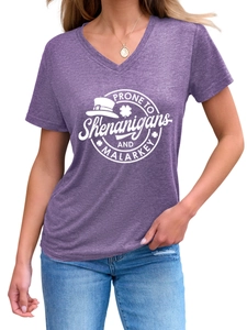 Detail of V-neck purple t-shirt with Shenanigans and Malarkey graphic and shamrock design