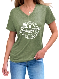 Close-up of V-neck green heather T-shirt with white St. Patrick's Day graphic print