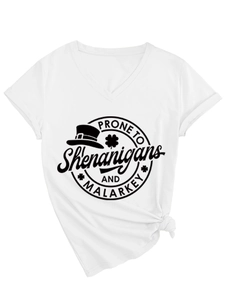 Detail view of white V-neck T-shirt with Irish shenanigans graphic and stylish knotted hem