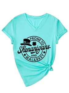 Detail of teal V-neck t-shirt with shenanigans and malarkey graphic print