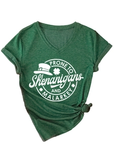 Detail of St. Patrick's Day green V-neck t-shirt with Shenanigans and Malarkey print
