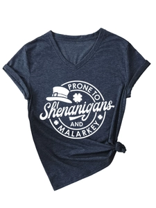 Detail of St. Patrick's Day graphic print on heather navy V-neck short sleeve t-shirt