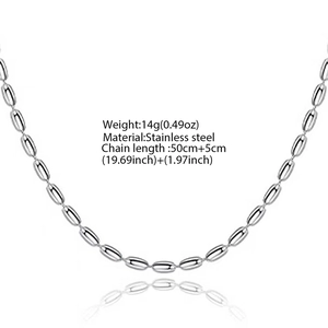 Polished stainless steel olive bead necklace with length and weight specifications