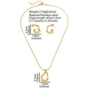 Polished gold stainless steel jewelry set with fluid pendant necklace and matching earrings