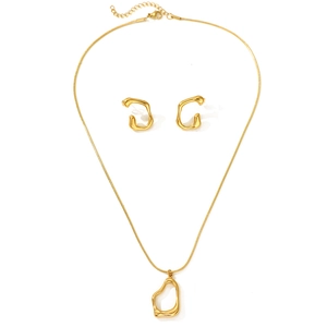 Elegant gold titanium necklace and earrings set featuring irregular hollow ring pendants