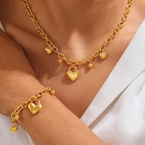 Pendentif Coeur En Acier Inoxydable Breloques Coeur Puffy Perles Rondes Collier Et Bracelet Pour Femmes Style Coréen