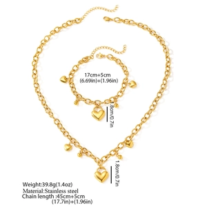 Parure de bijoux dorés en acier inoxydable avec collier chaîne rolo et pendentif cœur