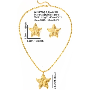 Golden stainless steel starfish necklace and earrings jewelry set for women